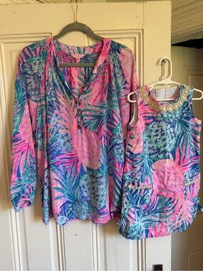 HTF Lilly Pulitzer Tropical Print Blouse and girls dress mommy Set XL and 6 girl
